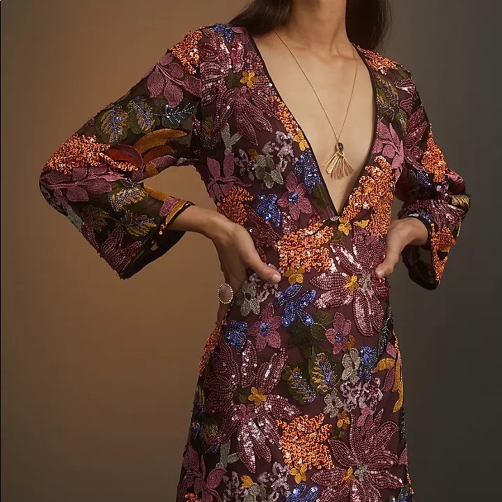 Anthropologie Sequined Embroidered Mini Dress Floral Bell Sleeves